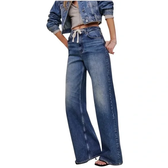 REFORMATION Cary Drawstring Waist Slouchy Wide Leg Denim Jeans Women's Size 32